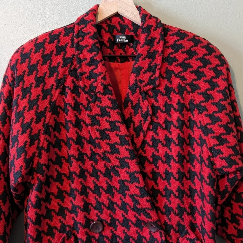 King Feather Retro Red & Black Houndstooth Pea Coat Size L - Picture 4 of 15